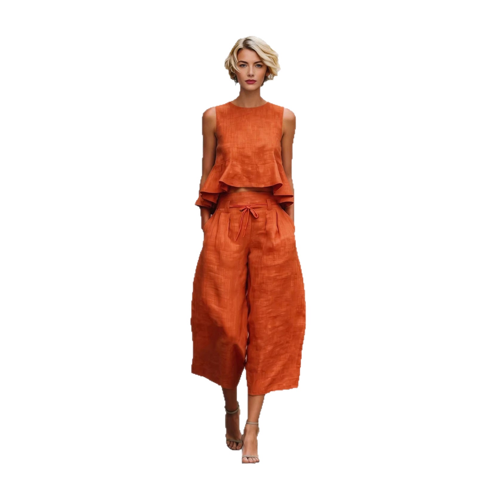 Womens Linen-blend Two-piece Set With Ruffled Detailing