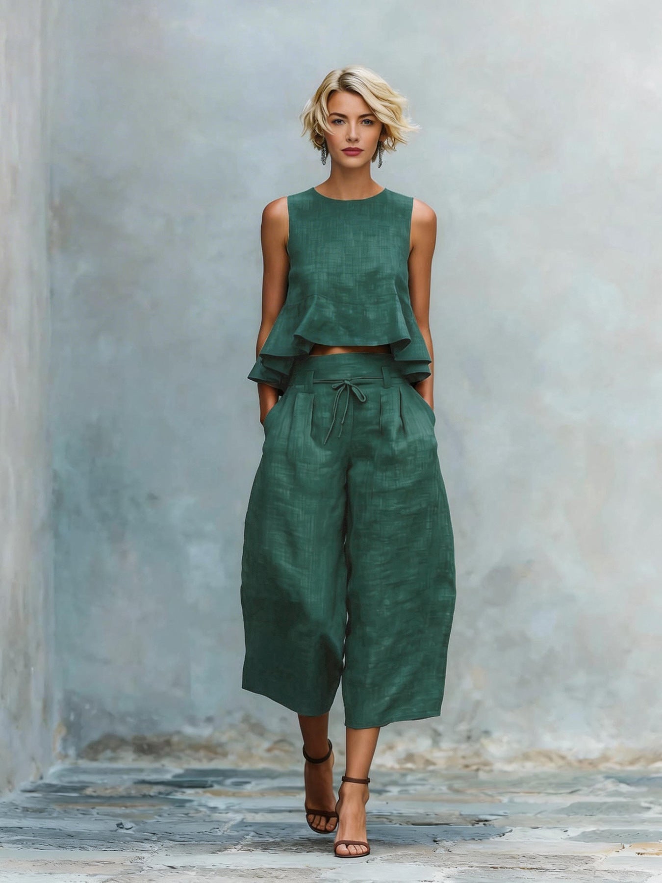 Womens Linen-blend Two-piece Set With Ruffled Detailing