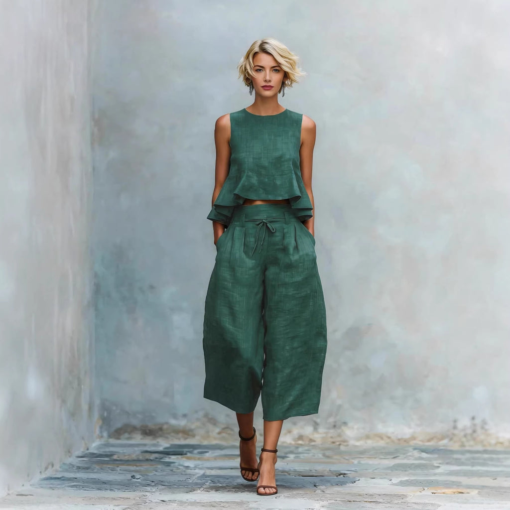 Womens Linen-blend Two-piece Set With Ruffled Detailing