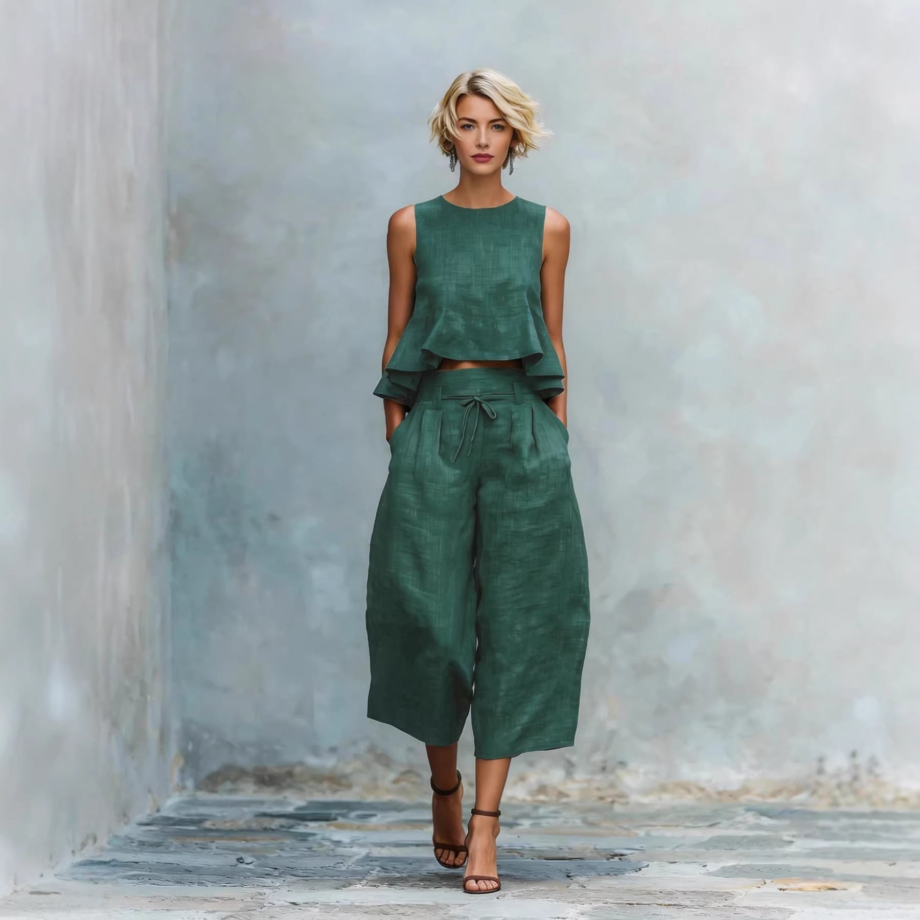 Womens Linen-blend Two-piece Set With Ruffled Detailing