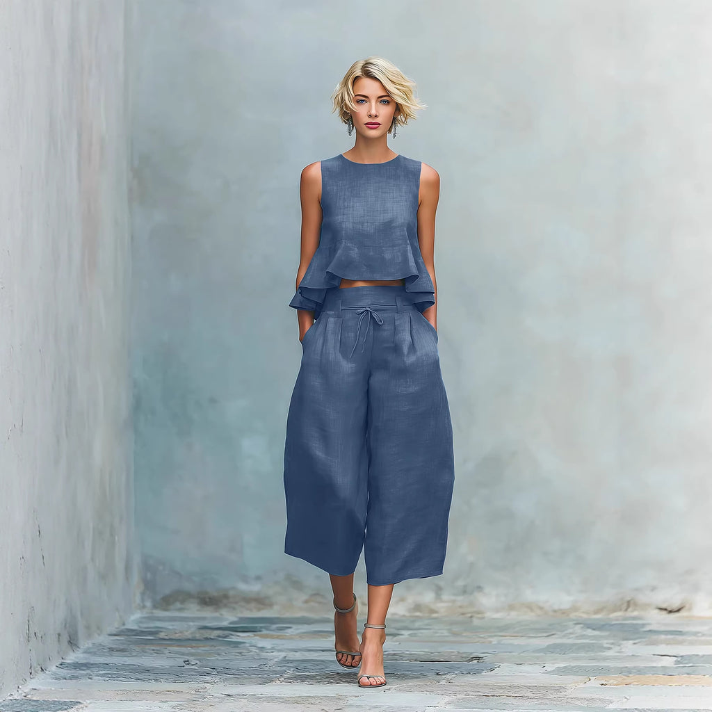 Womens Linen-blend Two-piece Set With Ruffled Detailing