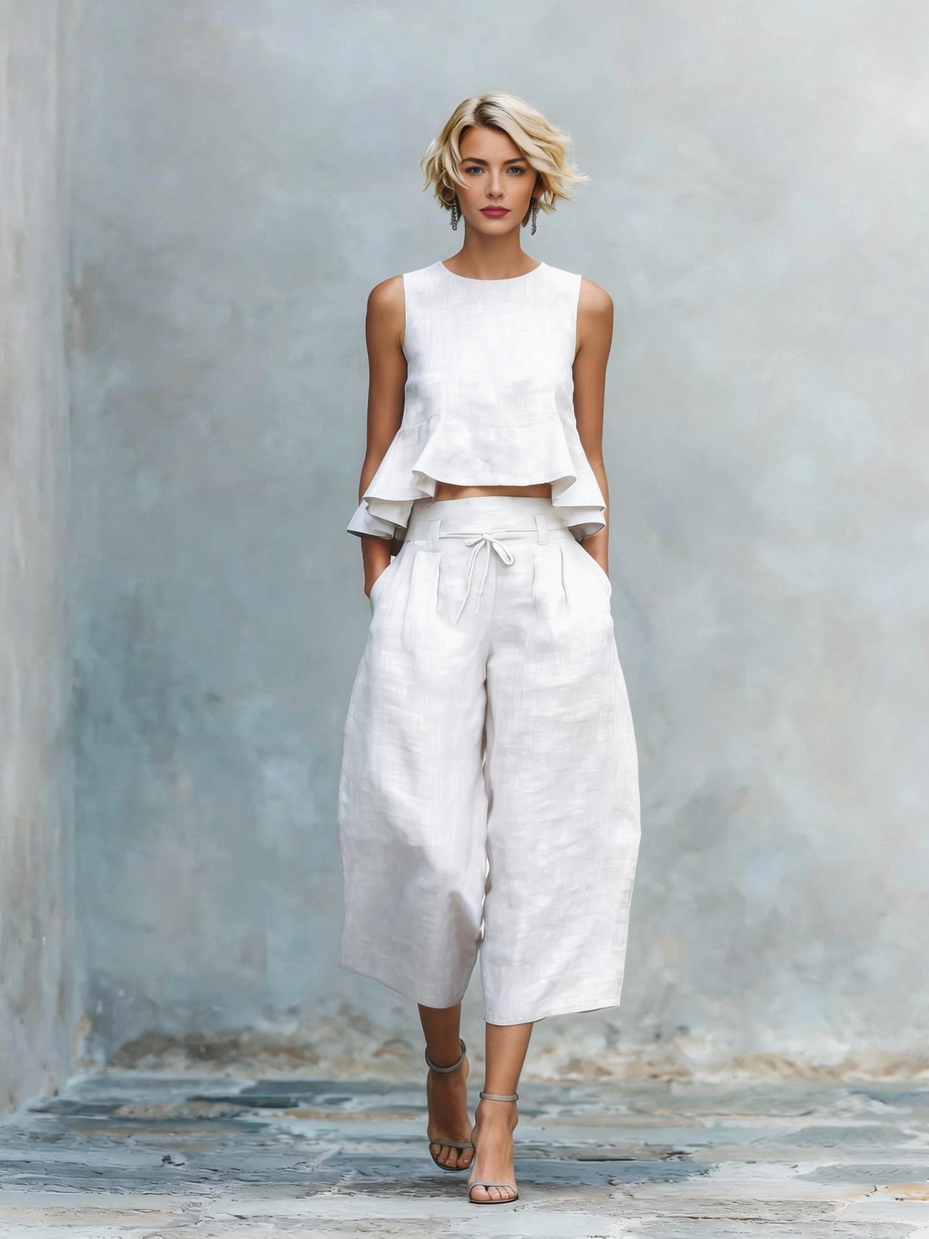 Womens Linen-blend Two-piece Set With Ruffled Detailing